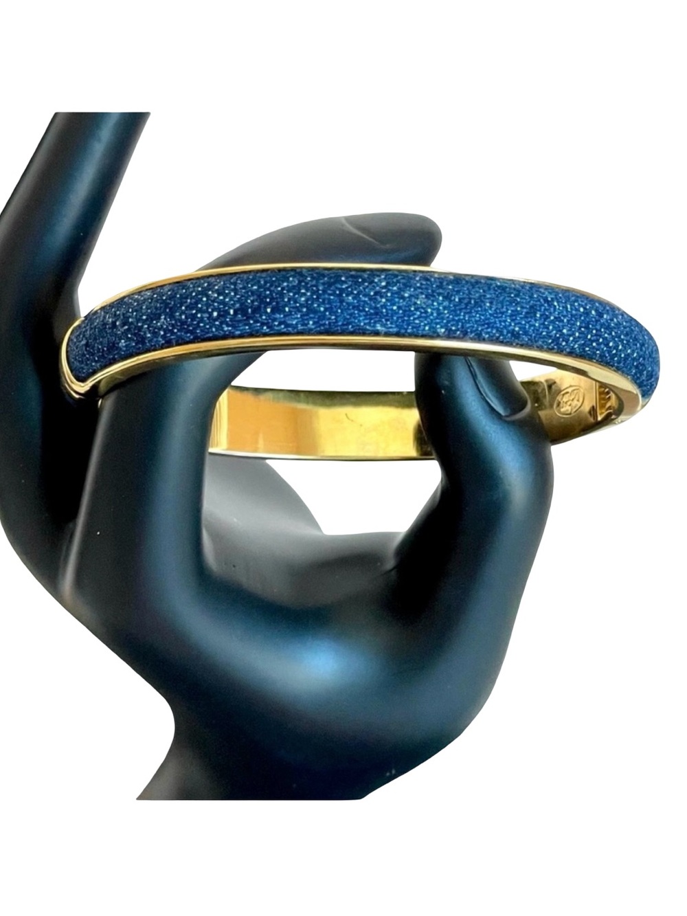 Vintage Joan Rivers Gold Plated Denim Blue Hinged Bangle Bracelet